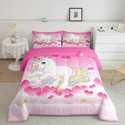 Girls Unicorn Comforter Set King Girly Fantasy Rainbow Unicorn Bedding Set for Kids Little Girls, Pink Love Heart Duvet Sets Dreamy Horse Cartoon Magical Animal Down Comforter with 2 Pillowcases