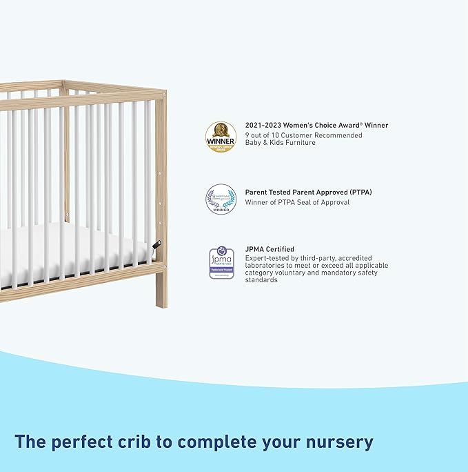 Graco Teddi 4-in-1 Convertible Mini Crib with Bonus Water-Resistant Mattress (Natural with White) – GREENGUARD Gold Certified, 2.75-Inch Mattress Included, Convenient Size, Easy 30-Minute Assembly
