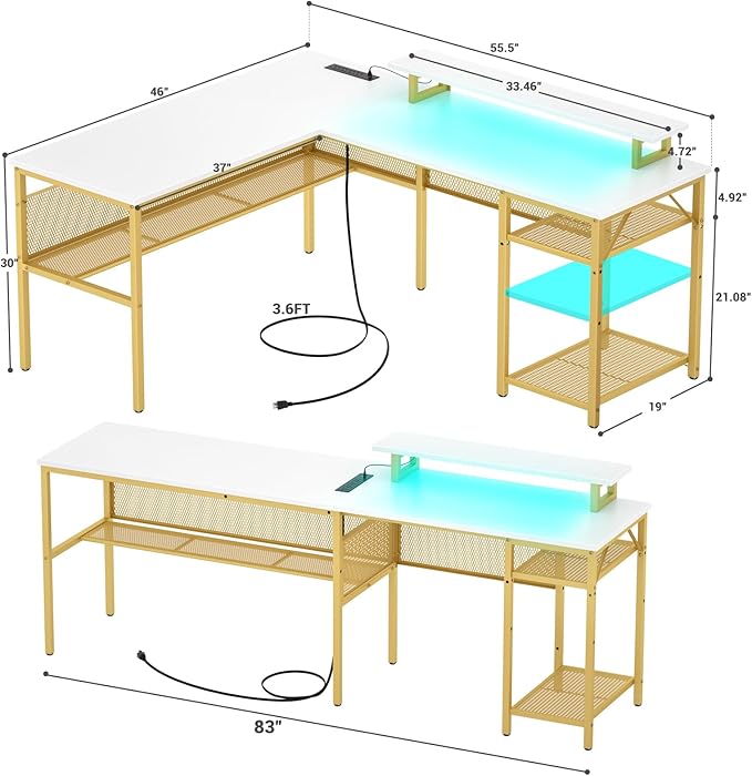 Reversible L Shaped Computer Desk with Power Outlet & Monitor Stand, 55 Inch Office Desk with RGB LED Light, Sturdy Corner Desk with Storage Shelf, Gaming Table, Easy to Assemble, White