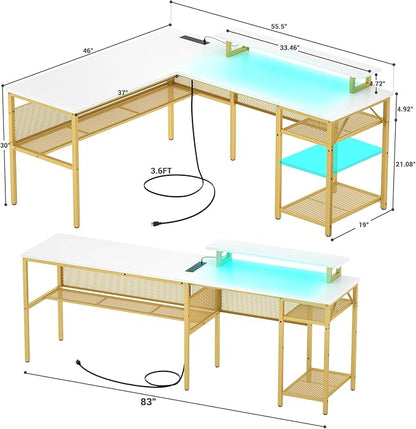 Reversible L Shaped Computer Desk with Power Outlet & Monitor Stand, 55 Inch Office Desk with RGB LED Light, Sturdy Corner Desk with Storage Shelf, Gaming Table, Easy to Assemble, White