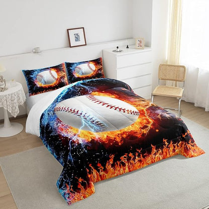 Erosebridal Baseball Comforter Set King Size Sports Theme Bedding Kids Teens Boys Fire and Ice Sports Baseball Quilted Duvet Decoration 3 Pcs Bedding Comforters Red Blue with 2 Pillowcases