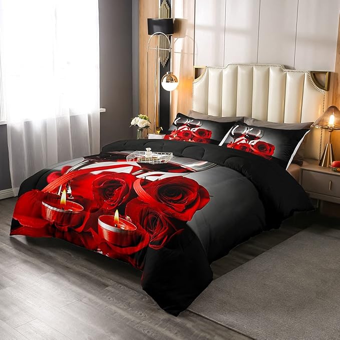 Rose Wine Glass Comforter Set for Girls Red Black Rose Bedding Set Queen Size Floral Blossom Quilt Set Banquet Flower Romantic Valentine's Day Duvet Set, Women Men Adult Grey Comforter Set