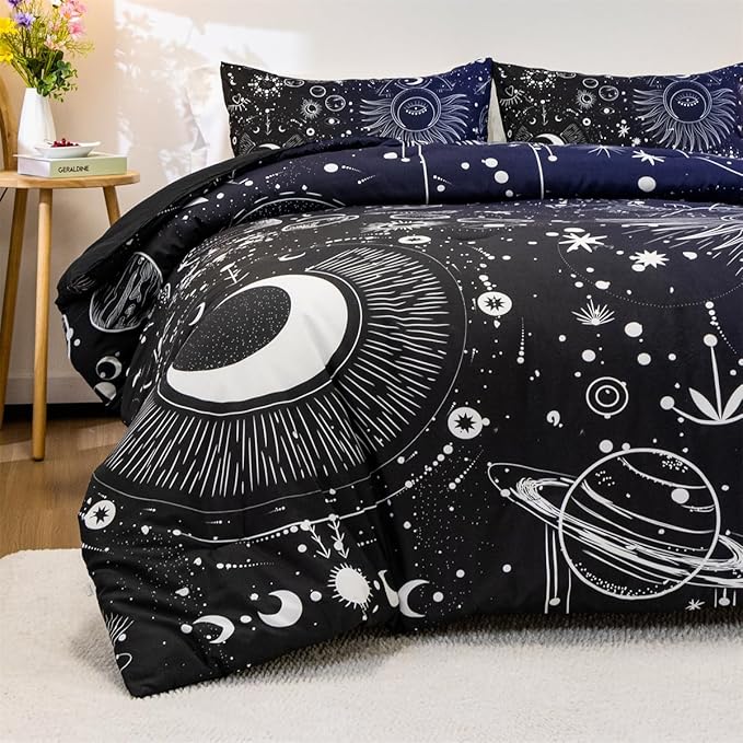 Holawakaka Stars Moon Constellation Print Comforter Set Twin Size Girls Boys Witchy Astrology Zodiac Celestial Bedding Set (Navy Blue,Twin)