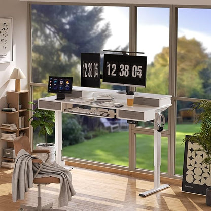 Electric Standing Desk, Multifunctional Standing Desk Adjustable Height, 55 * 24 Standing Desk with 4 Drawers, Ergonomic Adjustable Standing Desk with Keyboard Tray, Snow White