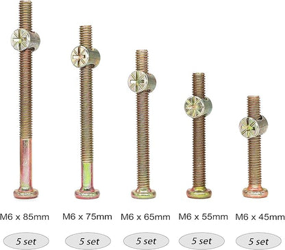 25-Set M6 Phillips Head Bolts Barrel Nuts Assortment Kit for Chairs Furnitures, Bunk Bed Crib Hardware Replacements Kit, M6x45mm/ 55mm/ 65mm/ 75mm/ 85mm Zinc Plated