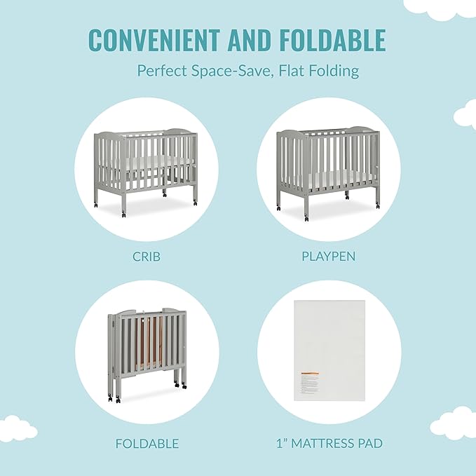 2 in 1 Folding Portable Crib in Cool Grey, Greenguard Gold Certified , 40x26x38 Inch (Pack of 1)