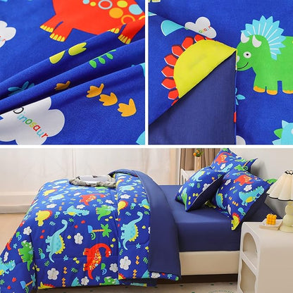 Dinosaur Comforter Set for Boys, 6 Pcs Bed in a Bag Twin Blue Dinosaur Wild Park Jungle Print Kids Bedding Set with Sheets