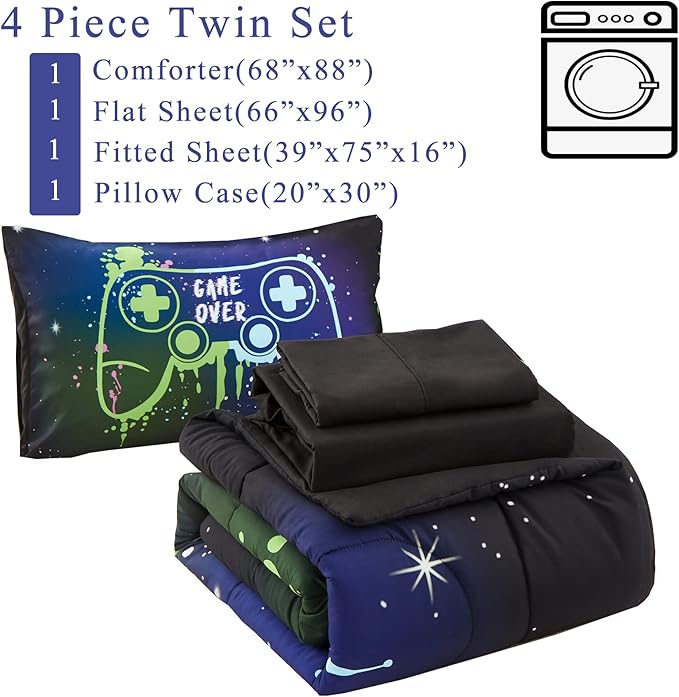 Kids Gaming Bedding Sets Twin Size for Boys Teen, 4 Piece Bed in a Bag Gamer Comforter Set with Sheets, 3D Colorful Video Game Controller Comforter, All Season Soft Microfiber Bed Set(Blue,Twin)