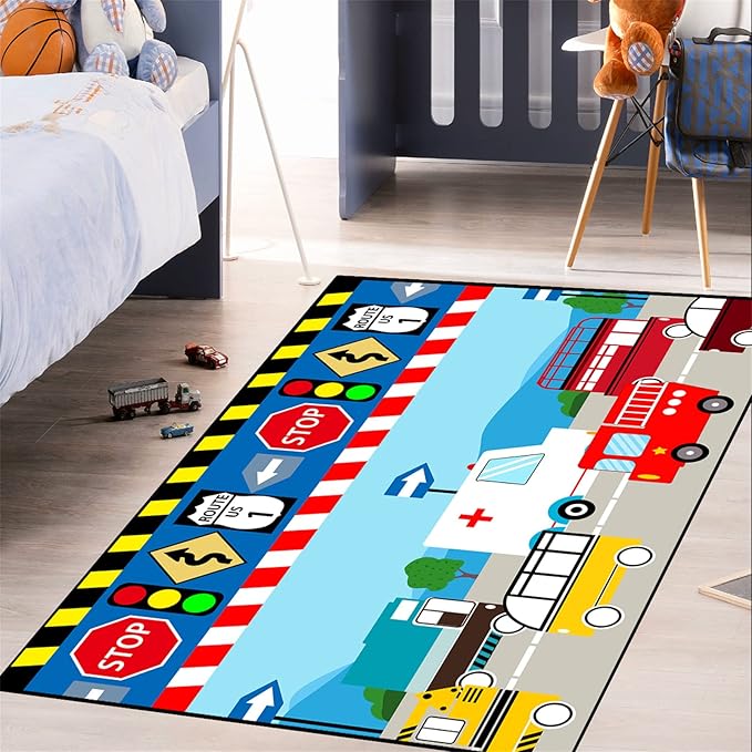 Cartoon Ambulance Car Area Rug Car Carpet for Kids Play Rug for Cars and Trucks Car Rug Play Mat Car Track Rug Truck Rugs for Boys Room Rugs for Boys Bedroom,Light Blue 3'×4'