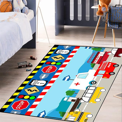 Cartoon Ambulance Car Area Rug Car Carpet for Kids Play Rug for Cars and Trucks Car Rug Play Mat Car Track Rug Truck Rugs for Boys Room Rugs for Boys Bedroom,Light Blue 2'5''×4'
