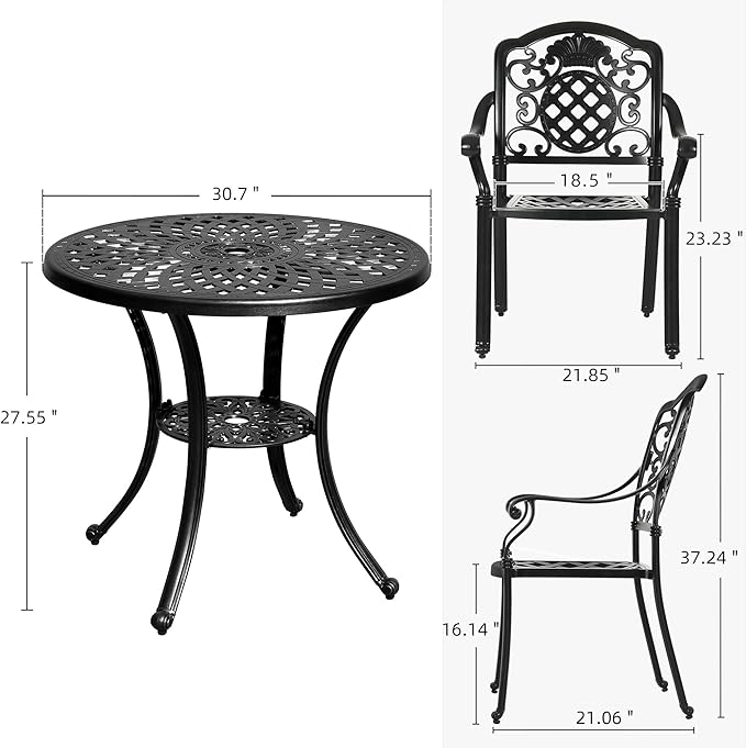 DWVO 5 Piece Outdoor Furniture Cast Aluminum Patio Dining Sets, All-Weather Patio Bistro Sets with 4 Chairs, 30 Inches Round Table with Umbrella Hole, Adjustable Feet for Balcony Backyard Deck Garden