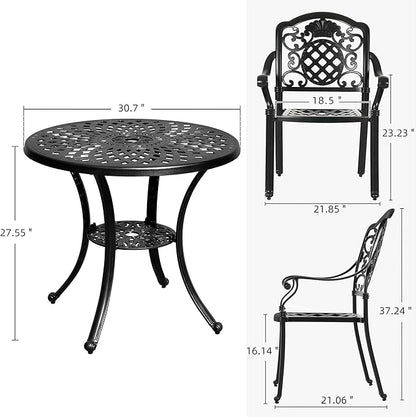 DWVO 5 Piece Outdoor Furniture Cast Aluminum Patio Dining Sets, All-Weather Patio Bistro Sets with 4 Chairs, 30 Inches Round Table with Umbrella Hole, Adjustable Feet for Balcony Backyard Deck Garden