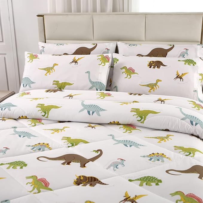 MAG 3Pcs Dinosaur Comforter Set,White Base Full Bedding Comforter Set,for Toddlers Kids,Boys Teens and Girls,Super Soft Microfiber, Full Size (1 Comforter + 2 Pillowcases)