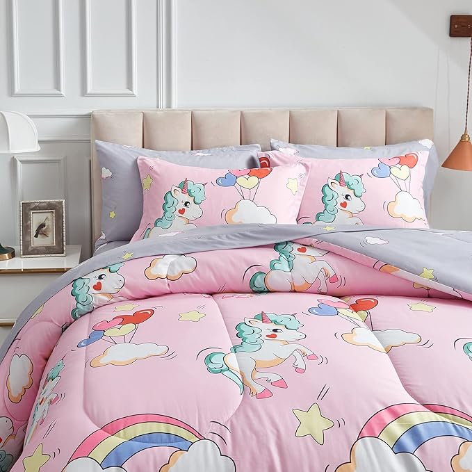 UOZZI BEDDING Kids Girls Bed in a Bag 6 Pieces Twin Size Unicorn Pink Colorful Comforter Set - (1 Soft Microfiber, Reversible Comforter, 2 Pillow Shams, 1 Flat Sheet, 1 Fitted Sheet, 1 Pillowcases)
