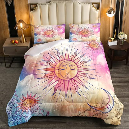 Sun and Moon Comforter Set King Stars Constellation Galaxy Bedding Set,Pink Blue Pastel Clouds Tie Dye Comforter for Kids Girls Women Boho Hippie Psychedelic Celestial Astrology Quilt Duvet Set 3 Pcs