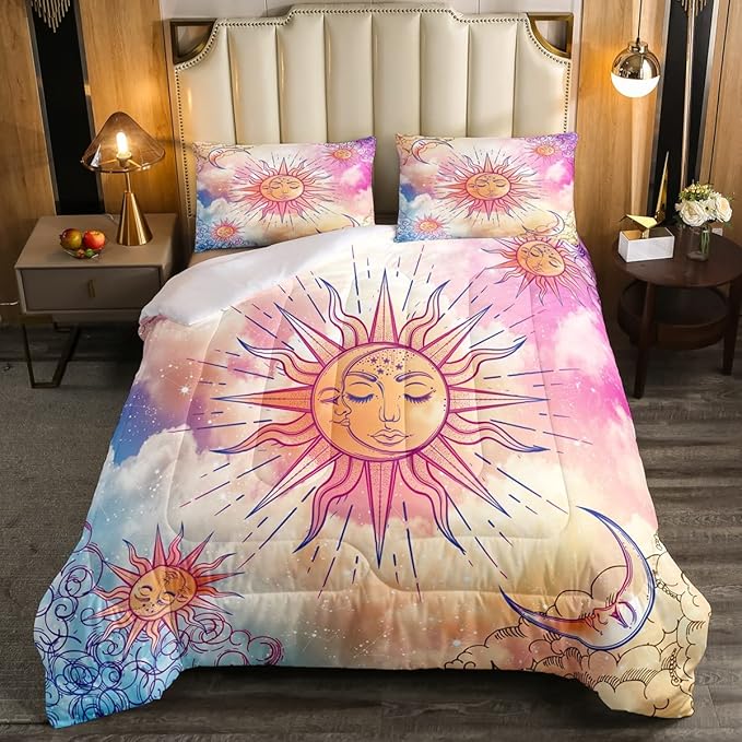 Sun and Moon Comforter Set Full Stars Constellation Galaxy Bedding Set,Pink Blue Pastel Clouds Tie Dye Comforter For Kids Girls Women Boho Hippie Psychedelic Celestial Astrology Quilt Duvet Set 3 Pcs