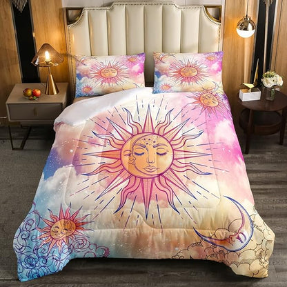 Sun and Moon Comforter Set Queen Stars Constellation Galaxy Bedding Set,Pink Blue Pastel Clouds Tie Dye Comforter For Kids Girls Women Boho Hippie Psychedelic Celestial Astrology Quilt Duvet Set 3 Pcs