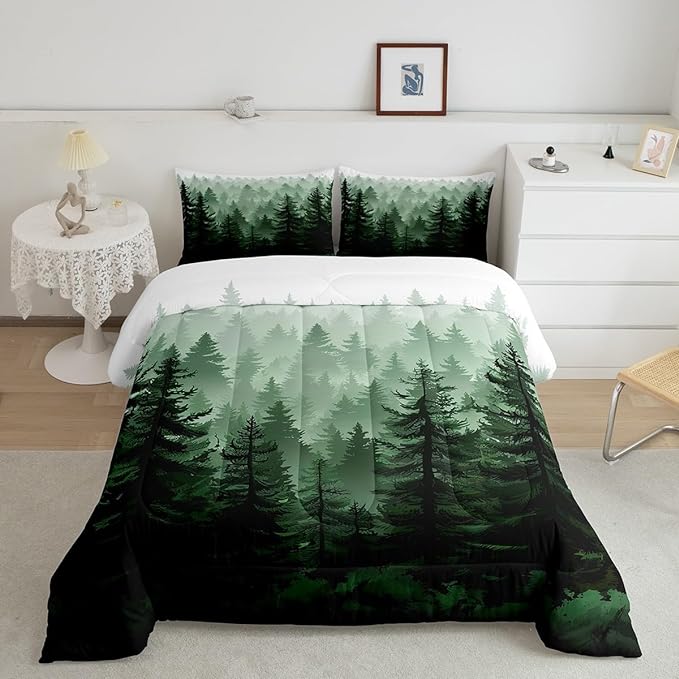 Feelyou Fog Forest Comforter Botanical Pine Trees Comforter Set for Boys Girls Children Watercolor Style Green Comforter Set Room Decor Queen Size Duvet Set 3Pcs