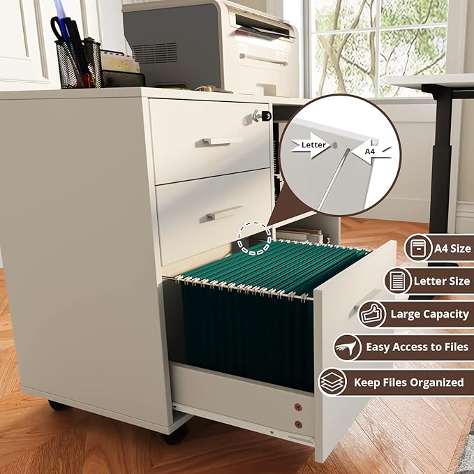 Maxtown Wood Filing Cabinet, Mobile Lateral Filing Cabinet with Lock, 3 Drawer Filing Cabinet with Open Storage Shelves, Printer Stand with Storage, White
