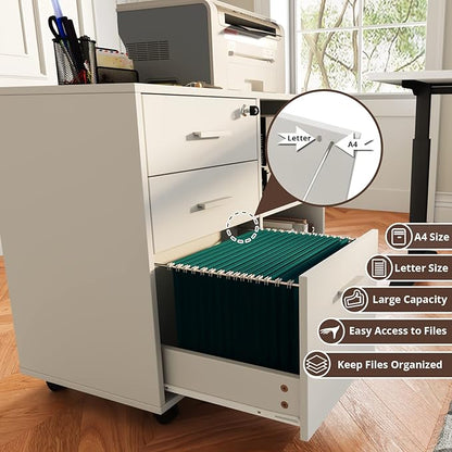 Maxtown Wood Filing Cabinet, Mobile Lateral Filing Cabinet with Lock, 3 Drawer Filing Cabinet with Open Storage Shelves, Printer Stand with Storage, White