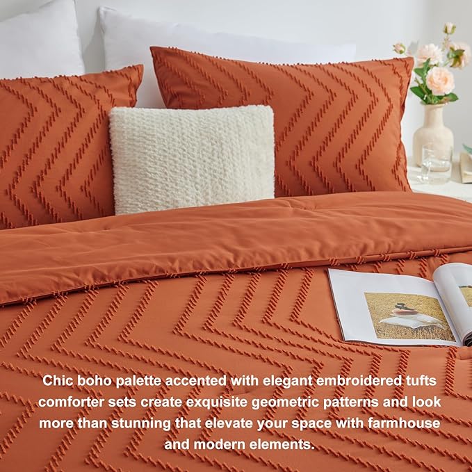 CozyLux King Size Comforter Set Burnt Orange - 3 Pieces Terracotta Boho Tufted Shabby Chic Bedding Comforter Set for All Seasons, Chevron Bedding Sets with Comforter & 2 Pillow Shams