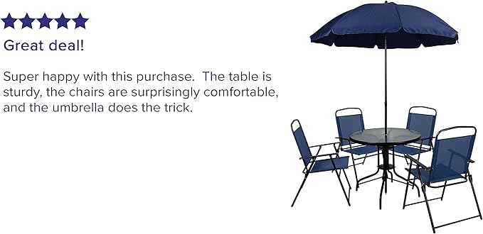 Flash Furniture Nantucket 6-Piece Patio Dining Set with Glass Table, 4 Folding Chairs, and Umbrella, Outdoor Patio Table, Chairs, Umbrella Set, Navy