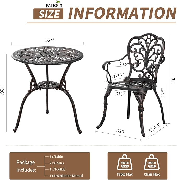 3 Piece Patio Furniture Dining Set Aluminum Patio Bistro Set Outdoor Furniture with Umbrella Hole for Yard, Balcony, Bronze