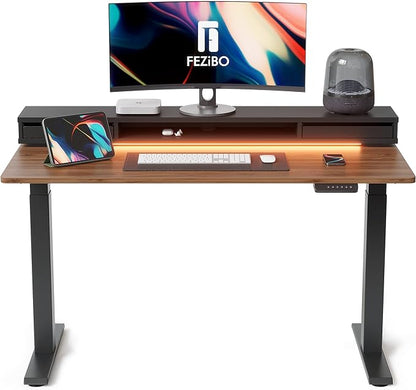 FEZIBO 55 x 24 Inch Height Adjustable Electric Standing Desk with Double Drawers, Stand Up Desk with LED Strips, Sit Stand Desk with Monitor Stand, Blcak Walnut
