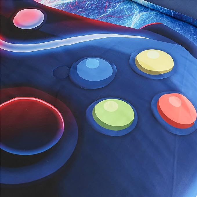 Meeting Story Gamer Gaming Bedding Sets Red-Blue Lightnings Gamepad Comforter Set for Boys Games Console Action Buttons Novelty Colorful Modern Room Decor Home Quilt Set (Red-Blue, Full)