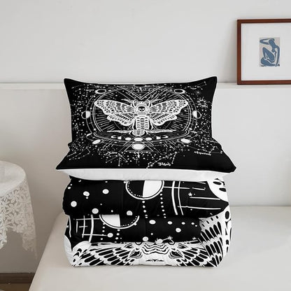 Kids Boho Moth Comforter Set King Boys Gothic Skull Bedding Set for Men Women Bedroom Decor Bohemian Moon Starry Sky Comforter Exotic Moth Skull Skeleton Bones Duvet Set Teens Quilt Set, Black White