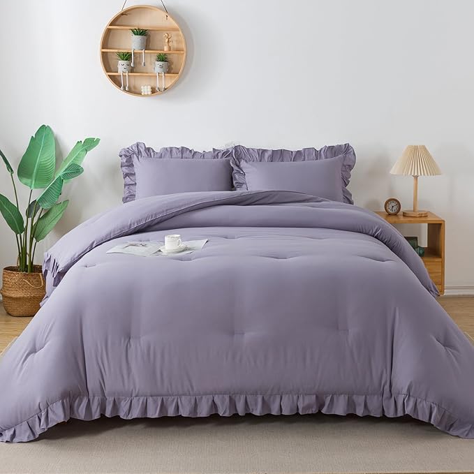 Andency Grayish Lavender Purple Queen Comforter Set, 3 Pieces Solid Ruffle Bedding Comforter Sets for Queen Bed, Lightweight Fluffy Soft Microfiber All Season Bedding Set
