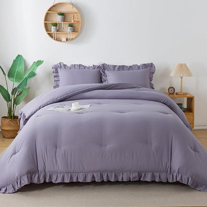 Andency Greyish Lavender Purple Full Size Comforter Set, 3 Pieces(1 Ruffle Comforter and 2 Pillowcases) Lightweight Fluffy Bedding Comforter Sets Full Bed, All Season Soft Microfiber Bedding Set
