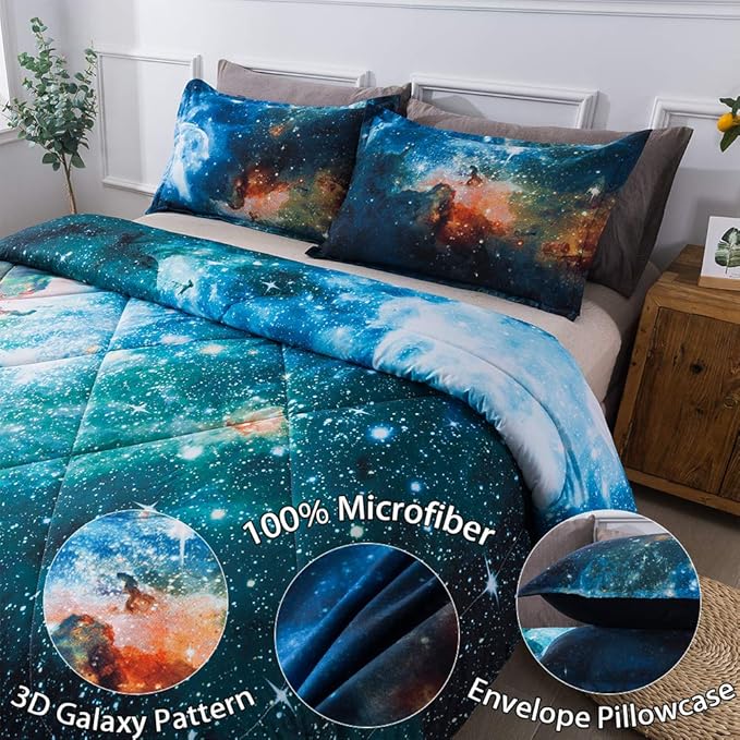 Litanika 3D Galaxy Comforter Queen(90x90lnch), 3 Pieces(1 Galaxy Comforter, 2 Pillowcases), Universe Nebula Outer Space Comforter, Microfiber Bedding Set for Boys Kids