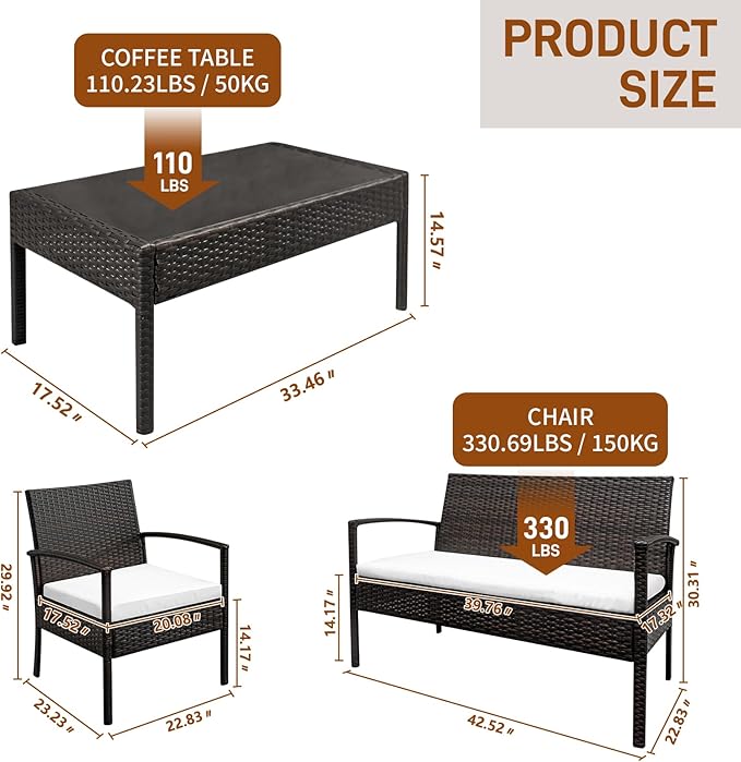 Outvita 4 Pieces Patio Furniture Set, Rattan Conversation Sets with Loveseat Soft Cushion and Glass Table for Garden Backyard Balcony Porch Poolside(Black)