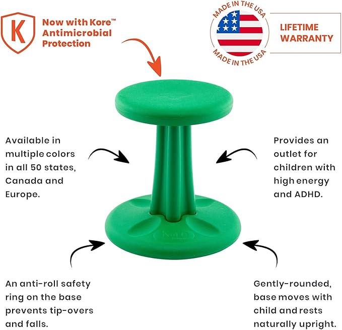 Kore Kids Preschool Wobble Chair - Flexible Seating Stool for Classroom, Preschool, Kindergarten & Elementary School - Age 4-5 yrs, Green (12in)