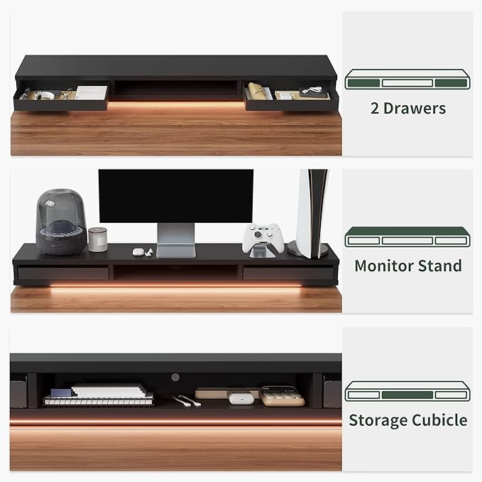 FEZIBO 55 x 24 Inch Height Adjustable Electric Standing Desk with Double Drawers, Stand Up Desk with LED Strips, Sit Stand Desk with Monitor Stand, Blcak Walnut