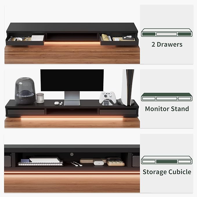 FEZIBO 60 x 24 Inch Height Adjustable Electric Standing Desk with Double Drawers, Stand Up Desk with LED Strips, Sit Stand Desk with Monitor Stand, Blcak Walnut