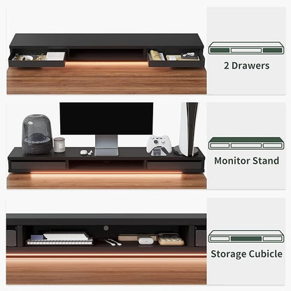 FEZIBO 60 x 24 Inch Height Adjustable Electric Standing Desk with Double Drawers, Stand Up Desk with LED Strips, Sit Stand Desk with Monitor Stand, Blcak Walnut