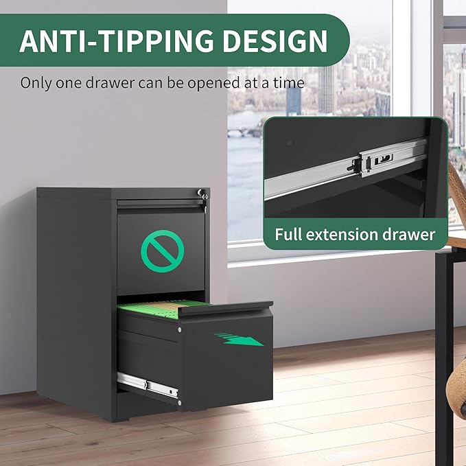 2 Drawer File Cabinet with Lock, Metal Vertical Filing Cabinets for Home Office, Steel Storage Cabinet for Hanging Legal/Letter Size Files, Assembly Required (Black)