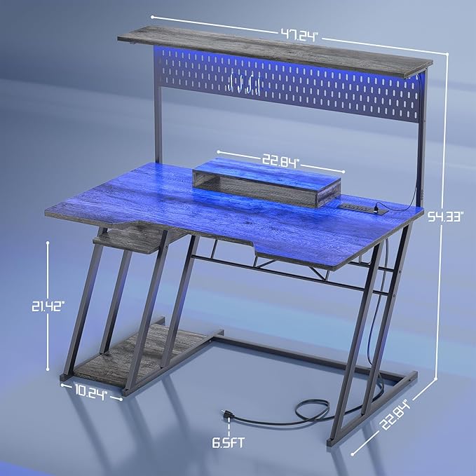 armocity Gaming Computer Desk with Storage Shelves & Z-Shaped Legs, Gaming Desk with Hutch and LED Lights, Reversible PC Gaming Desk with Pegboard for Bedroom & Small Spaces, 47'', Grey Oak