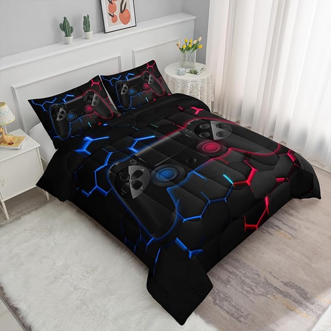 Axolotl Gamer Comforter Sets Queen,Geometric Honeycomb Gaming Bedding Sets,Video Games Comforter,Gaming Bedding Set,Game Console Comforter Set for Kids Boys Girls Teens,1 Quilt 2 Pillowcases,Blue Red
