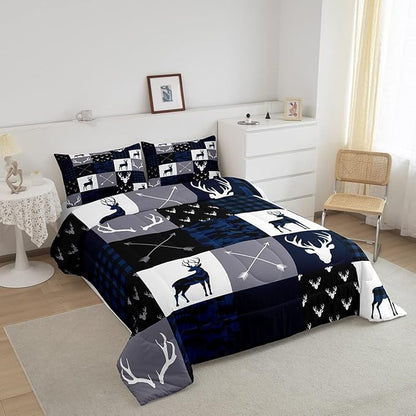 Manfei Camo Deer Antlers Comforter Set Full,Geometric Plaid Patchwork Bedding 3pcs for Kids Teens Girls Boys Room Xmas Quilt Set,Blue Grey Duvet Insert with 2 Pillowcases (WWS10843GYY-BZ_USf)