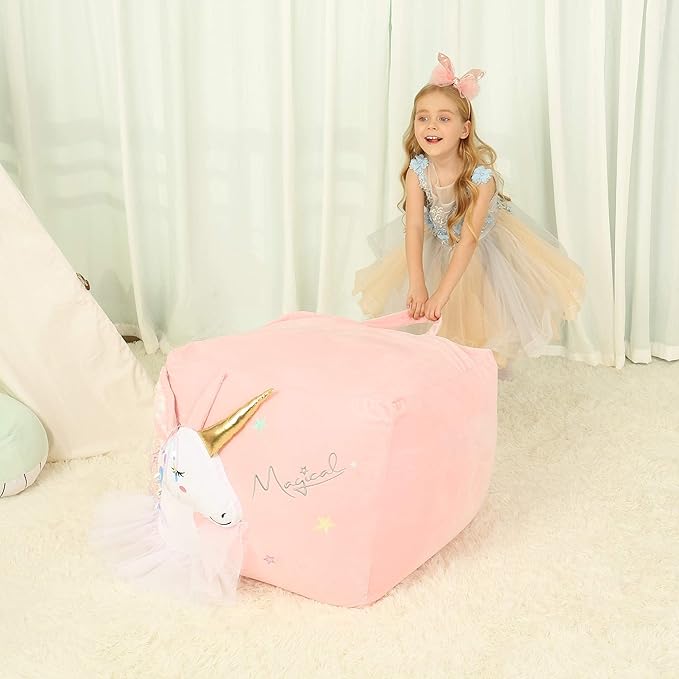 Pink Unicorn Bean Bag Chair for Girls Room Decorations, Toy Storage Beanbag Chairs, Velvet Fabric Super Soft, Extra Large Size Cover Only