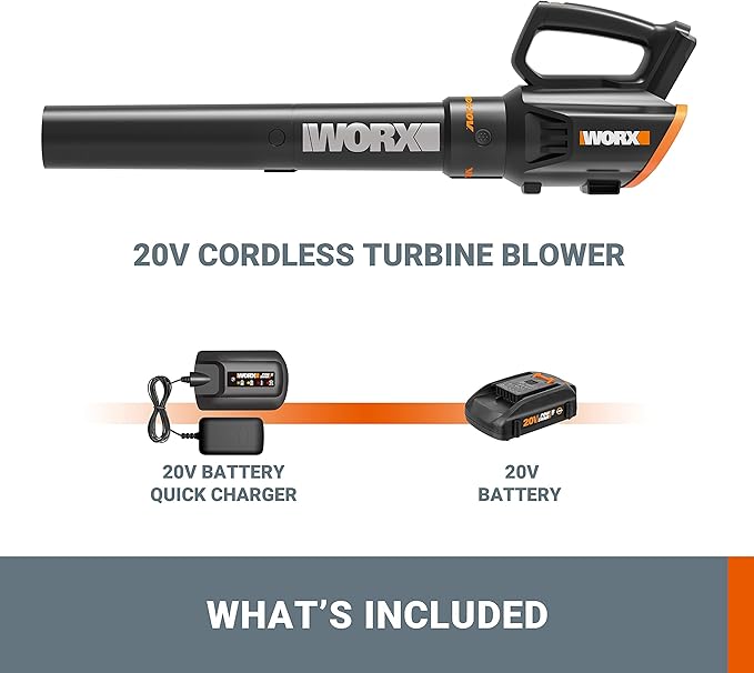 WORX Cordless Leaf Blower 20V WORXAIR Turbine Blower WG547.2 for Lawn Care Yard Work, 2 Variable Speed Control, 1 * 4.0 Ah Battery & Charger Included