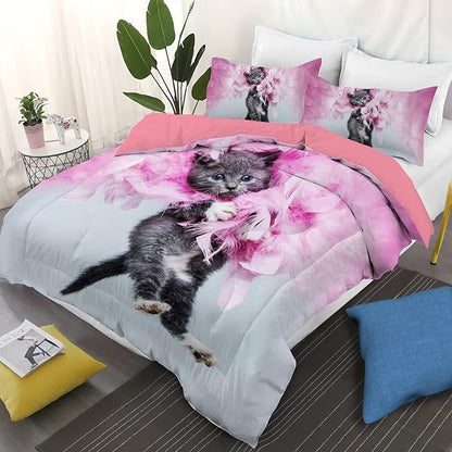 Cat Comforter Set Queen Size for Kids Pink Feathers Black Cat 3Pcs Bedding Set for boys and Girls (1Summer Comforter+ 2 Pillowcases) Lovely Animal Pets Duvet Set