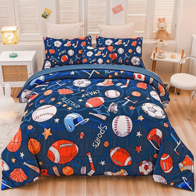 Sports Comforter Set with Sheet, 6 Pcs Bed in A Bag Twin Size Soccer Basketball Baseball Football Bedding Set for Boys Kids