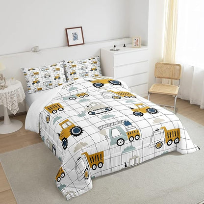 Kids Cartoon Car Comforter Set Boys Cute Excavator Tractor Comforter Toddler Construction Bedding Set Children Vehicles Truck Cars Quilt Set Black White Grid Duvet Set Bright Bedroom Decor Queen Size