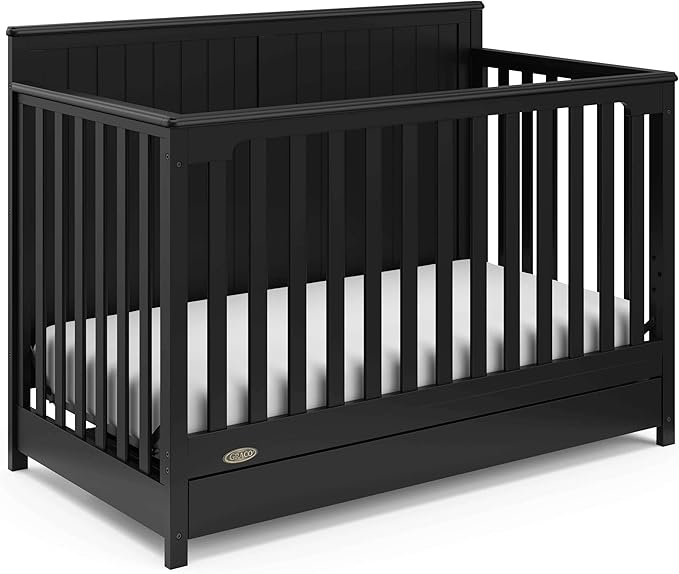 Graco Hadley 5-in-1 Convertible Crib with Drawer (Black) – Combo, Includes Full-Size Nursery Storage, Converts from Baby Crib to Toddler Bed, Daybed