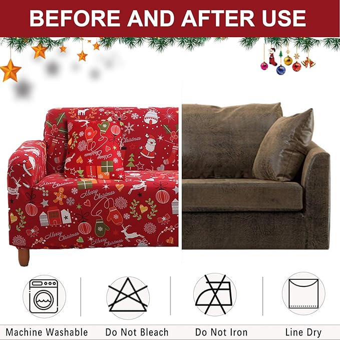 Mybedsoul Christmas Printed Sofa Cover Santa Claus Elastic Couch Cover Machine Washable Christmas Theme Red Sofa Slipcover for Living Room(3 Seater)