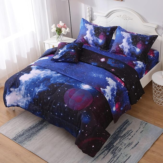 JQinHome Queen Galaxy Comforter Sets 6 Piece Bed in A Bag, Outer Space Themed Bedding for Children Boy Girl Teen Kids - (1 Comforter, 1 Flat Sheet, 1 Fitted Sheet, 2 Pillowshams, 1 Cushion Cover)